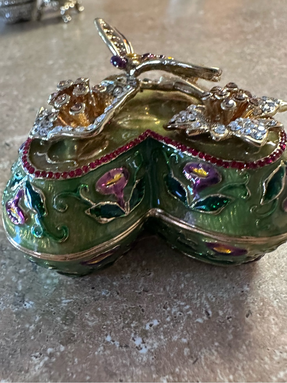 Ornate Green Enamel Floral Trinket Box with Crystal Accents
